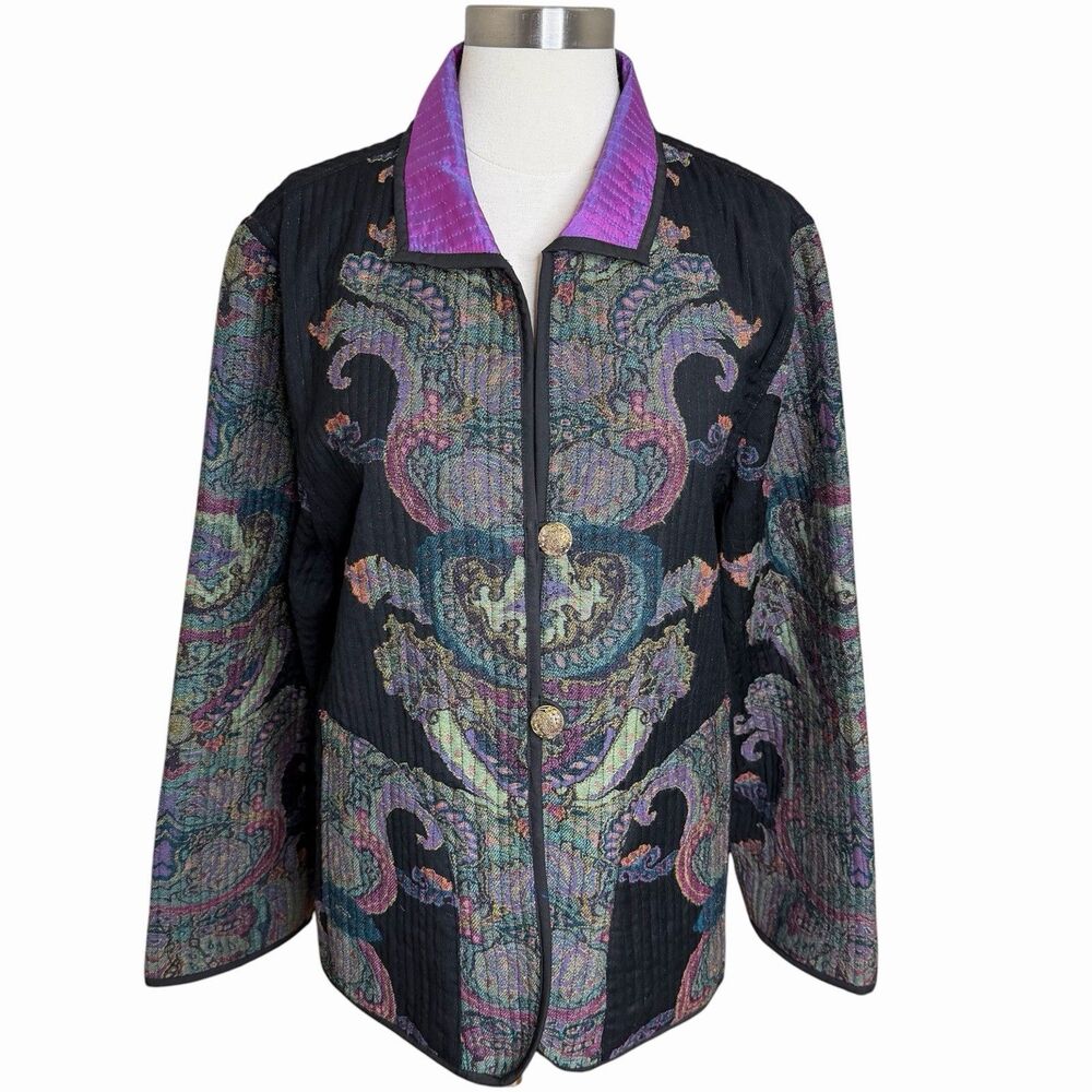 ANU Wool Silk Quilted Jacket L Paisley Art to Wear Boho Iridescent Black Purple